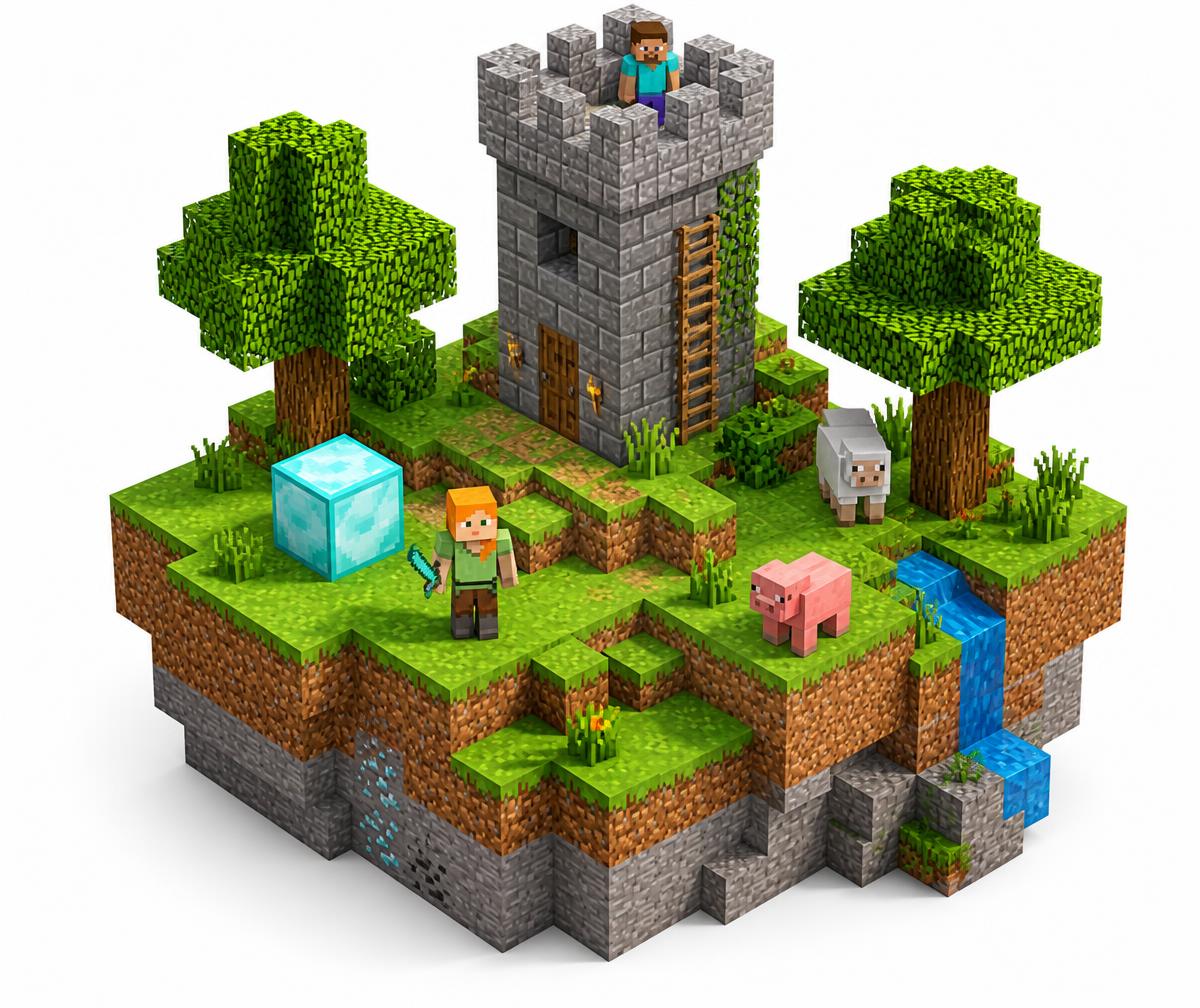 Wyspa w stylistyce Minecraft z zamkiem, drzewami i postaciami
